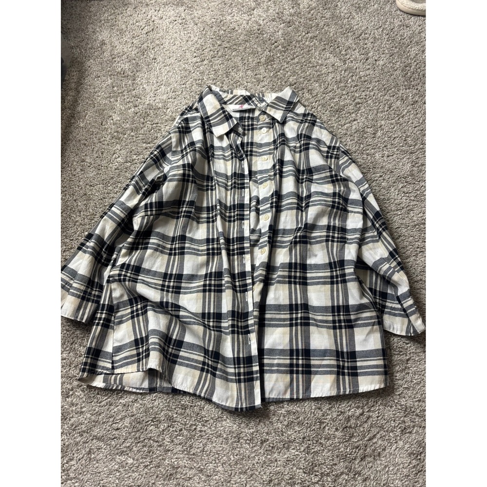 Morgan Crossing Black White Plaid Button Down Shirt Petite 14P Cotton Blend